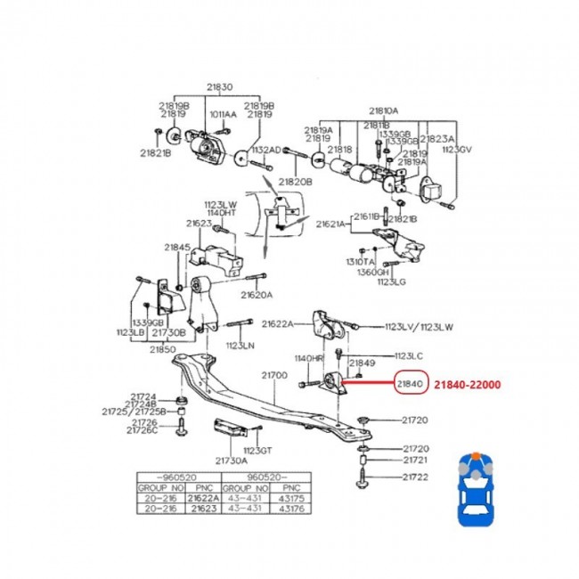 TK4635 21840-22000 BASE DE MOTOR  DELANTERA HYUNDAI EXCEL 1.5 SINC.