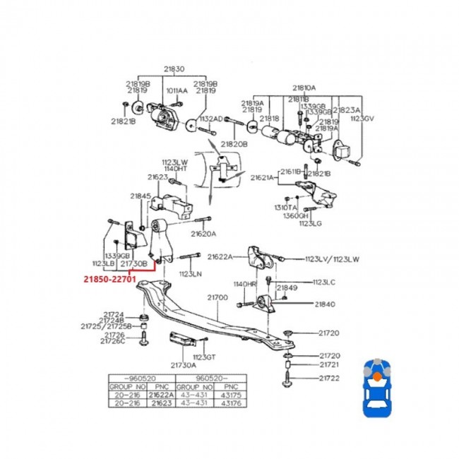 21850-22701 21850-22702 BASE DE MOTOR TRASERA HYUNDAI ACCENT 1.3